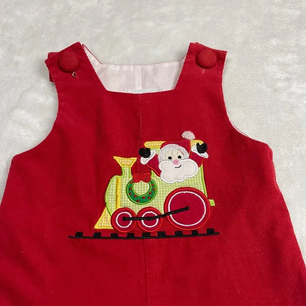 Castles & Crowns Santa Train Longalls‎ Baby 6-9M Cotton Red Corduroy Overalls